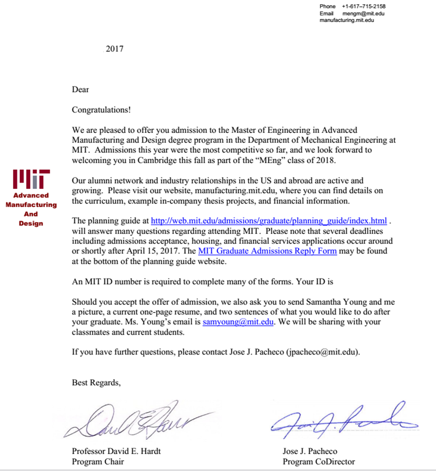Massachusetts Institute Of Technology, MIT, 麻省理工学院，Master of Engineering in Advanced Manufacturing and Design 