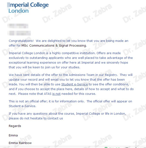 Imperial College London（IC），MSc Communications & Signal Processing ，帝国理工学院通信与信号处理理学硕士