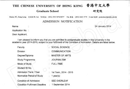 Chinese University of Hong Kong（CUHK），Master of Arts in Journalism ，香港中文大学新闻学硕士
