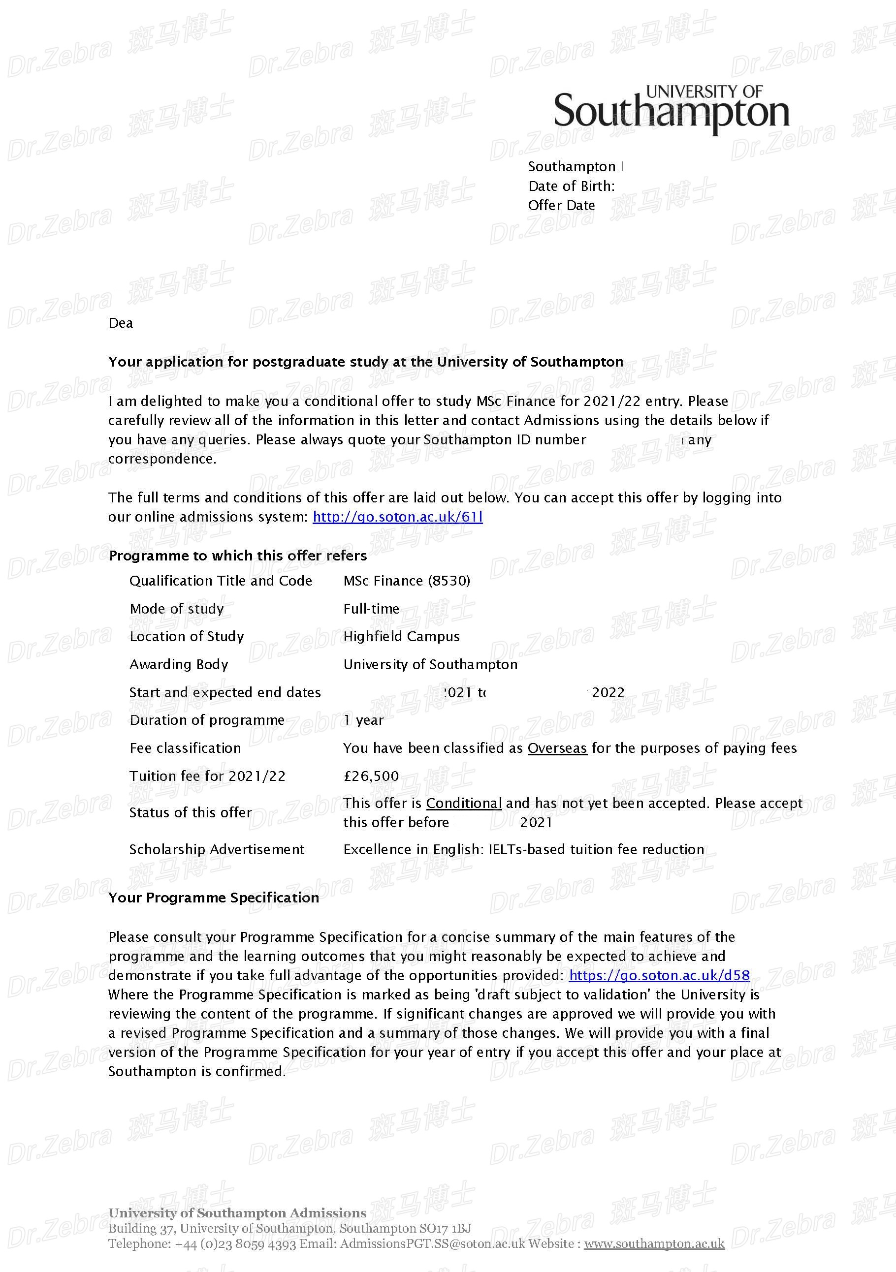 斑马博士、斑马博士留学中心、南安普顿大学、 University of Southampton 、MSc in Finance、金融硕士