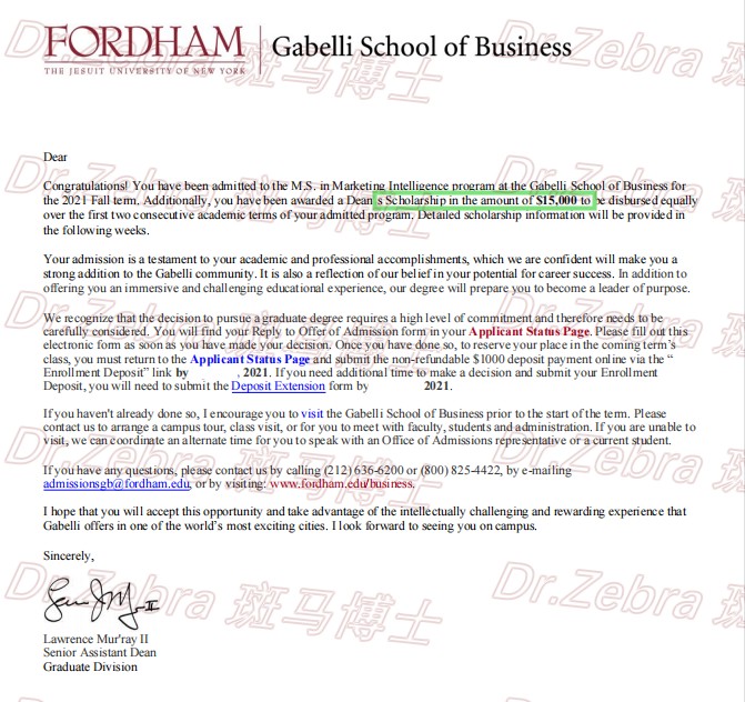 斑马博士留学中心、斑马博士、福特汉姆大学、 Fordham University、 M.S. in Marketing Intelligence、 智能营销硕士、奖学金