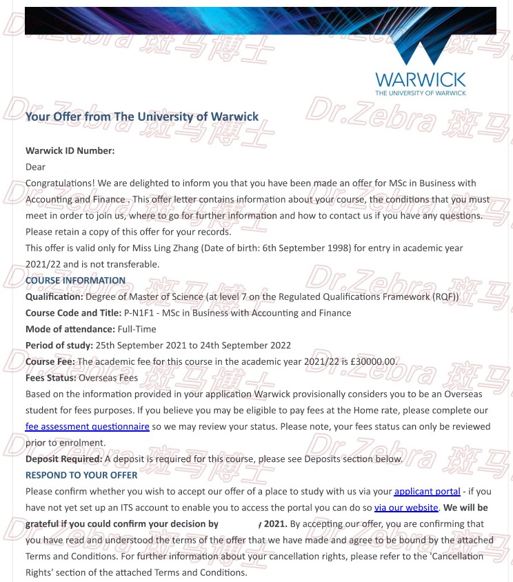 斑马博士、斑马博士留学中心、华威大学、The University of Warwick、 MSc Business with Accounting and Finance 