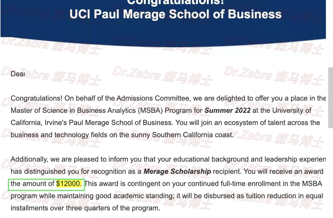 斑马博士、斑马博士留学中心、加州大学欧文分校、University of California, Irvine、UCI、Master of Science in Business Analytics、商业分析硕士、12000美金奖学金