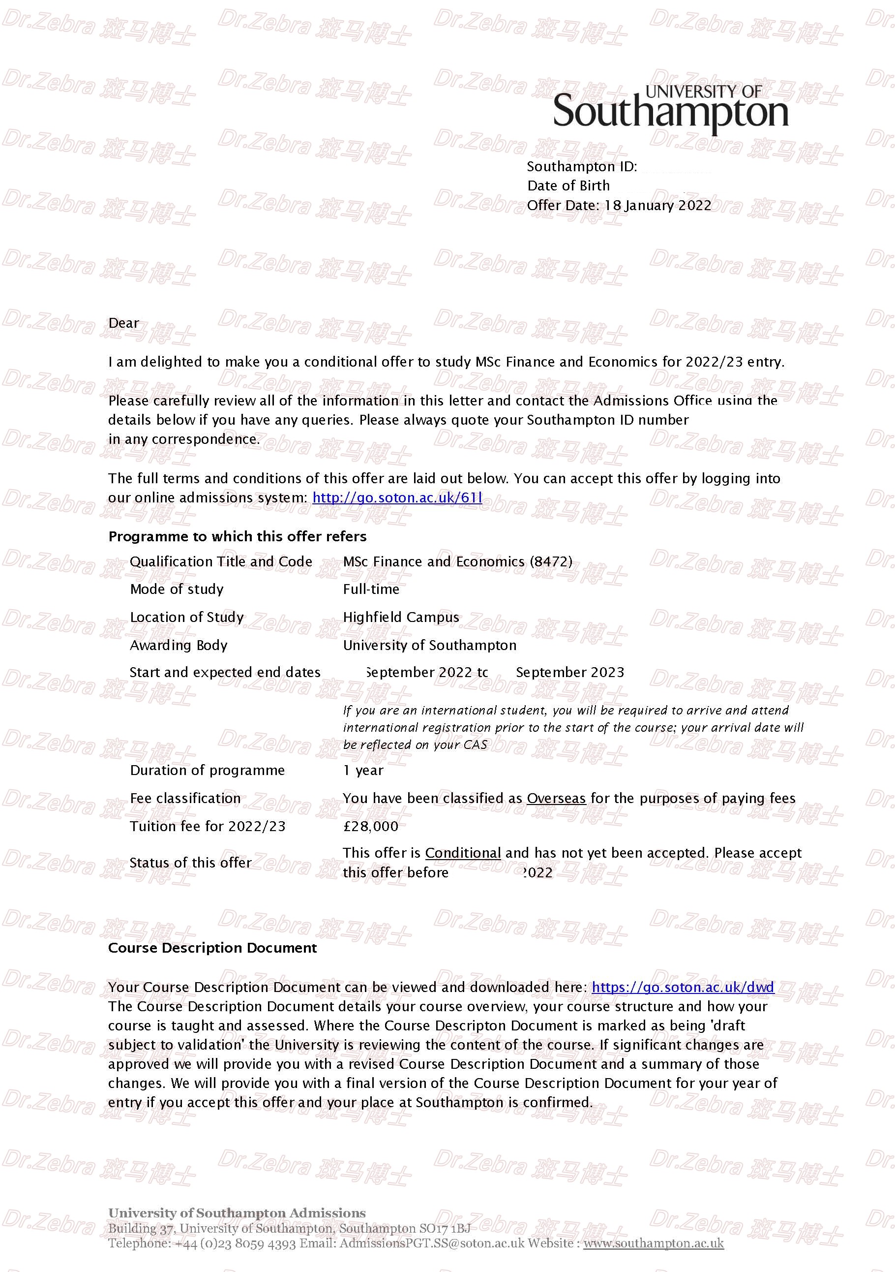 斑马博士、斑马博士留学中心、南安普顿大学、University of Southampton 、MSc Finance and Economics 、金融和经济学硕士