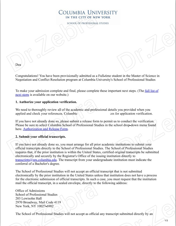 斑马博士，斑马博士留学中心，哥伦比亚大学 ，Columbia University in the City of New York， MS Negotiation and Conflict Resolution ，谈判和冲突解决硕士