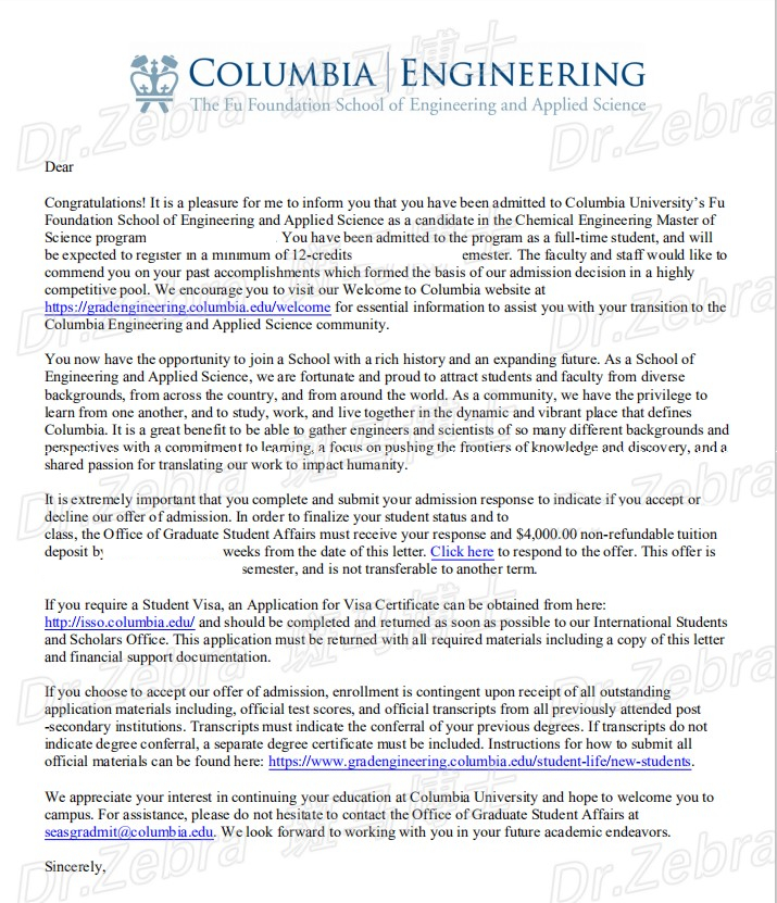 斑马博士、Columbia University 、Master of Science Chemical Engineering、 哥伦比亚大学、化学工程硕士