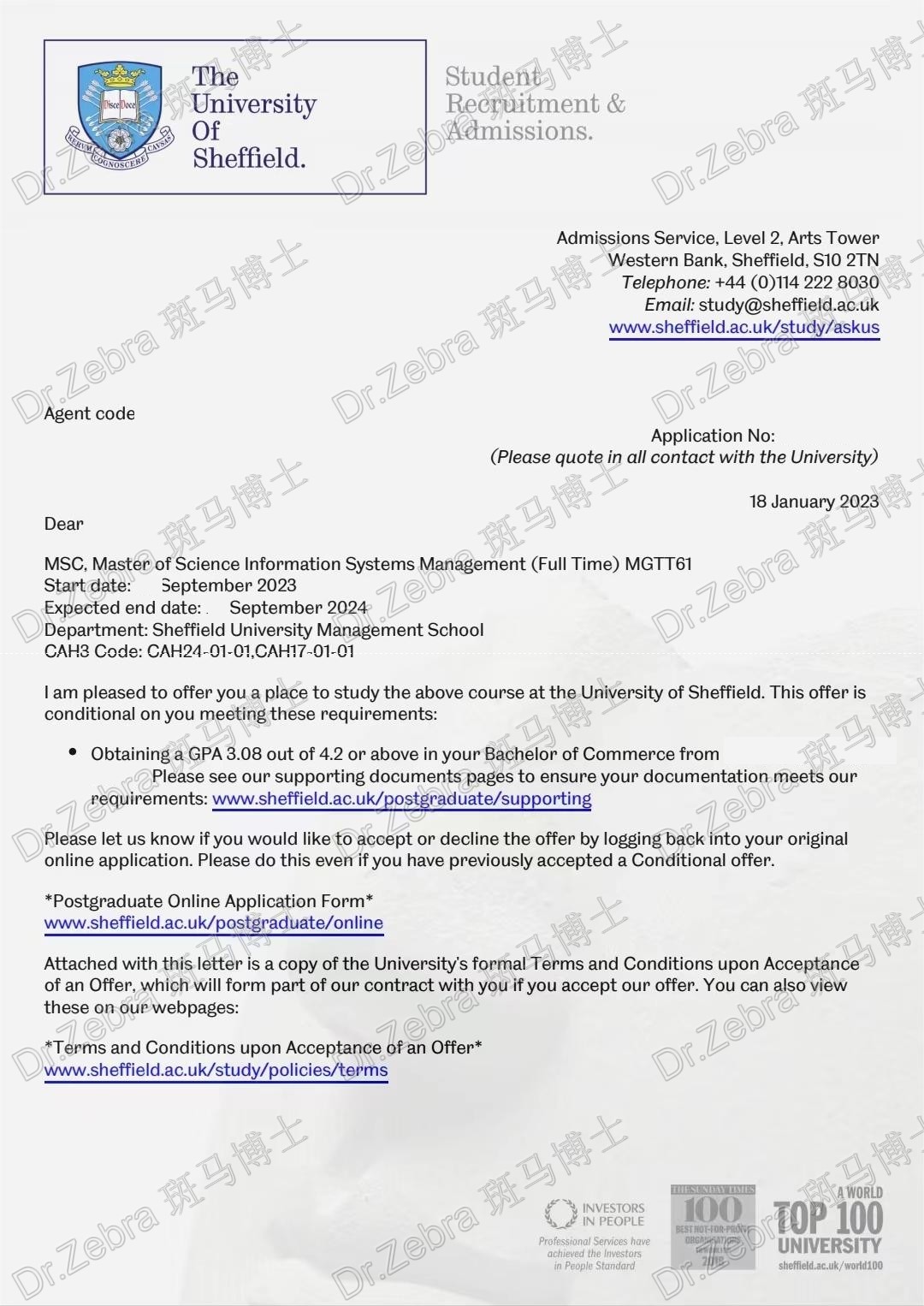 斑马博士、斑马博士留学中心、谢菲尔德大学、 University of Sheffield 、MSc Information Systems Management 、信息系统管理硕士