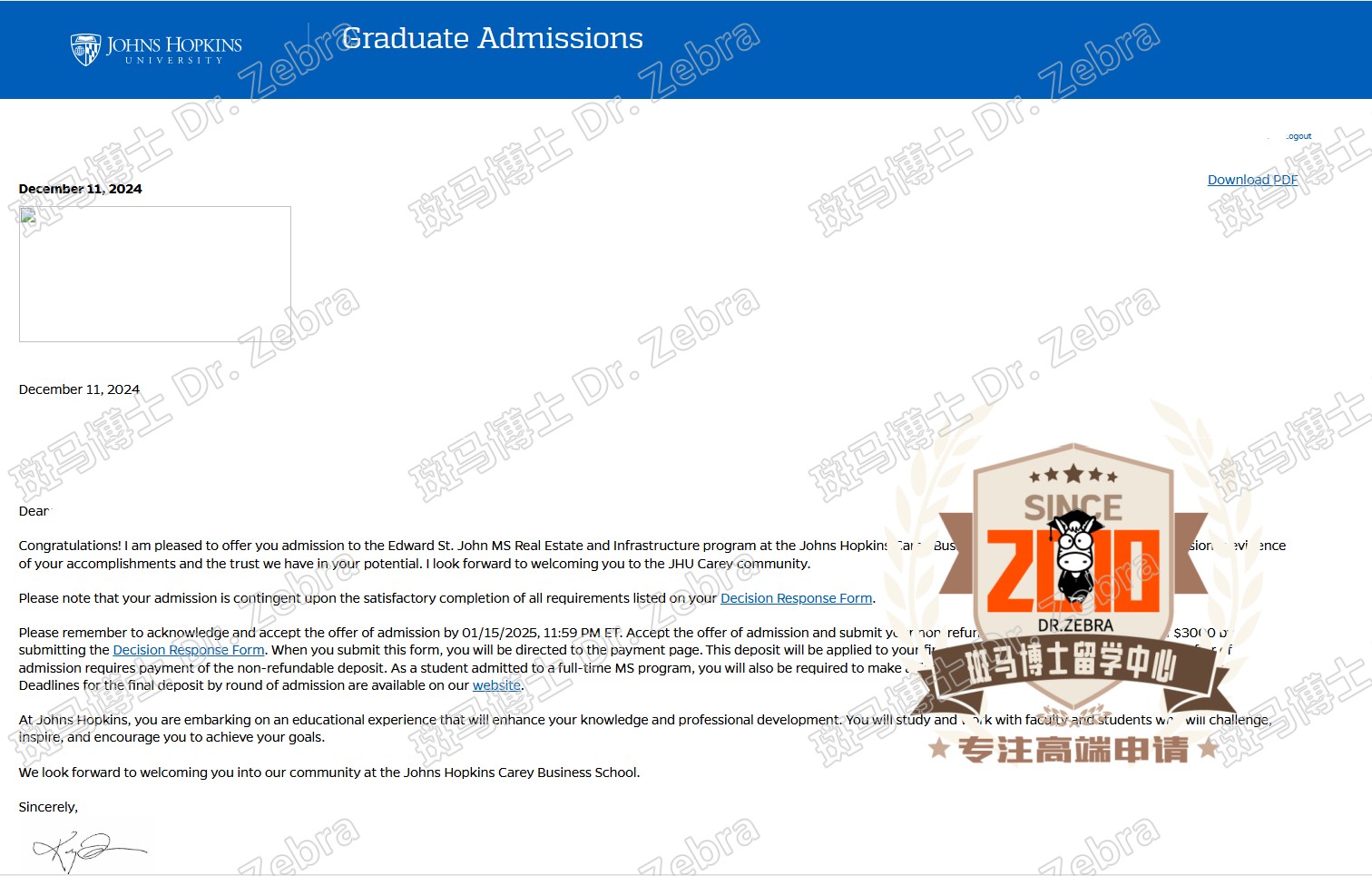 斑马博士，斑马博士留学中心，约翰霍普金斯大学，Johns Hopkins University（JHU），Master of Science Real Estate and Infrastructure （MSREI），房地产和基础设施硕士