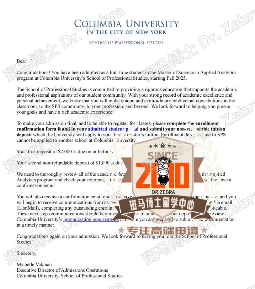 斑马博士，斑马博士留学中心，哥伦比亚大学，Columbia University in the City of New York ， Master of Science in Applied Analytics ，应用分析硕士