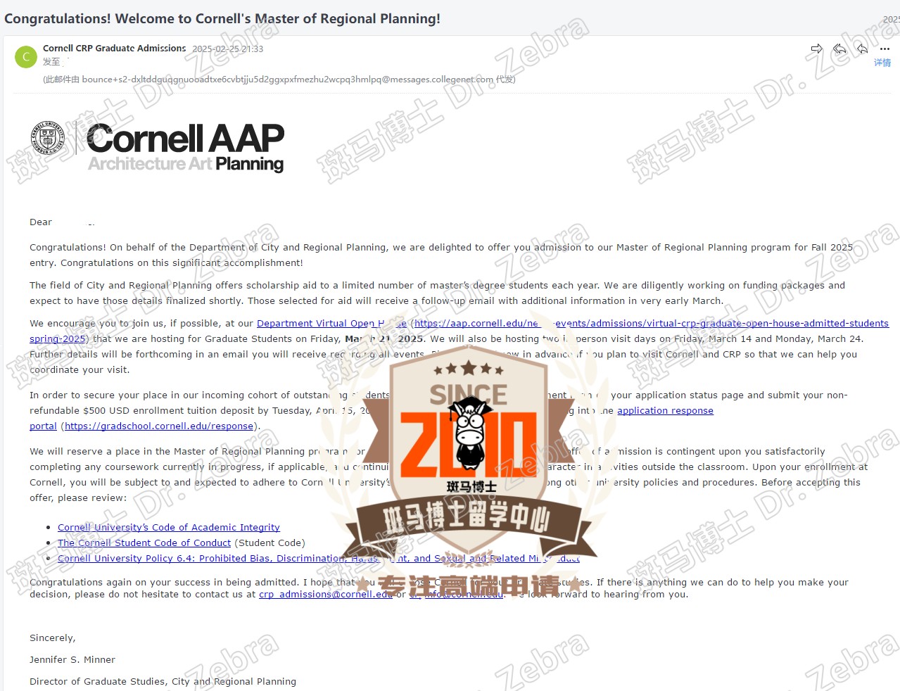 斑马博士，斑马博士留学中心，康奈尔大学，Cornell University， Master of Regional Planning（MRP），区域规划硕士