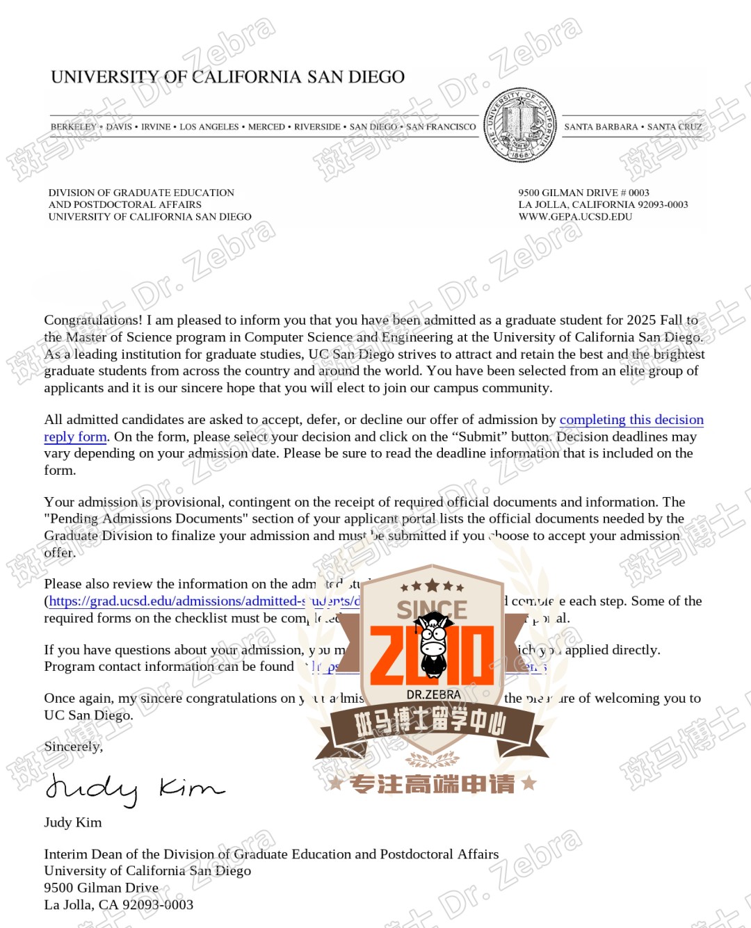 斑马博士，斑马博士留学中心，加利福尼亚大学圣迭戈分校，（University of California, San Diego）（UCSD），Master of Science in Computer Science and Engineering，计算机科学与工程硕士
