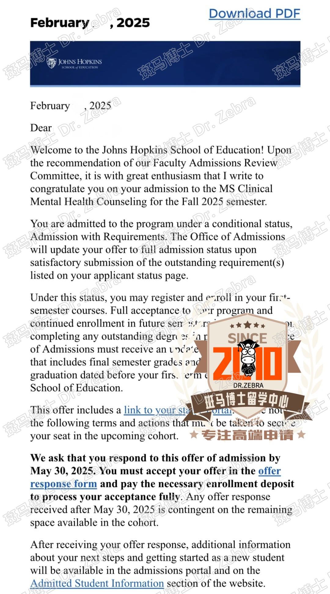 Johns Hopkins University Master of Science in Counseling（Clinical Mental Health Counseling）硕士录取
