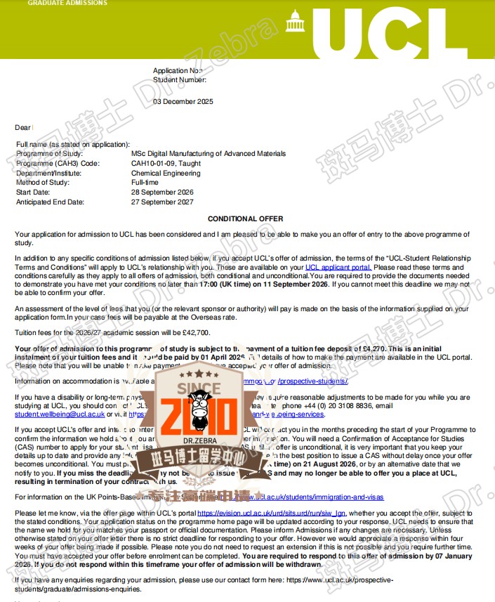 UCL MSc Digital Manufacturing of Advanced Materials硕士录取！