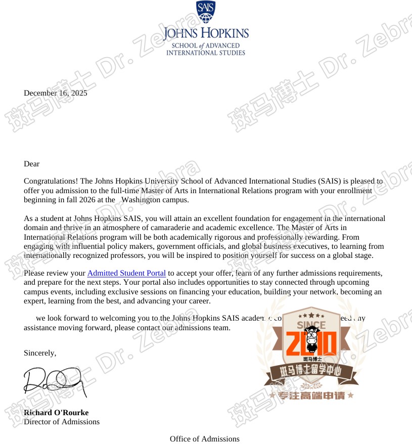 JHU Master of Arts in International Relations (MAIR)硕士录取！