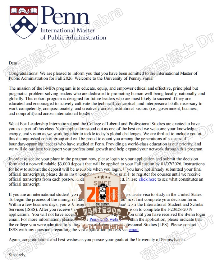 UPenn International Master of Public Administration硕士录取！